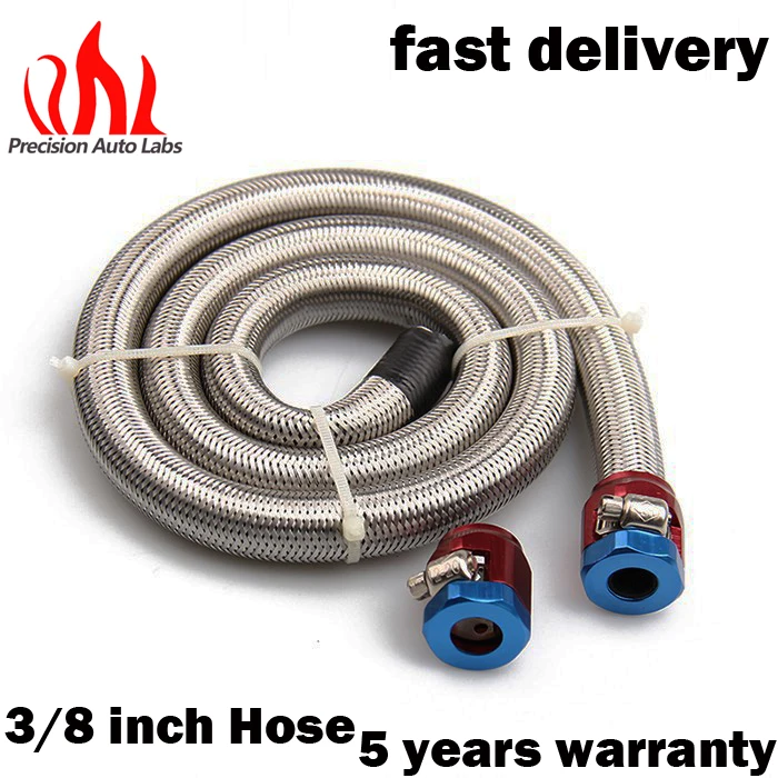 

PRECISION AUTO LABS 3/8 inch Hose Size Engine Stainless Steel Flex Braid Fuel Line Kit I.D.Hose Two Blue Clamps