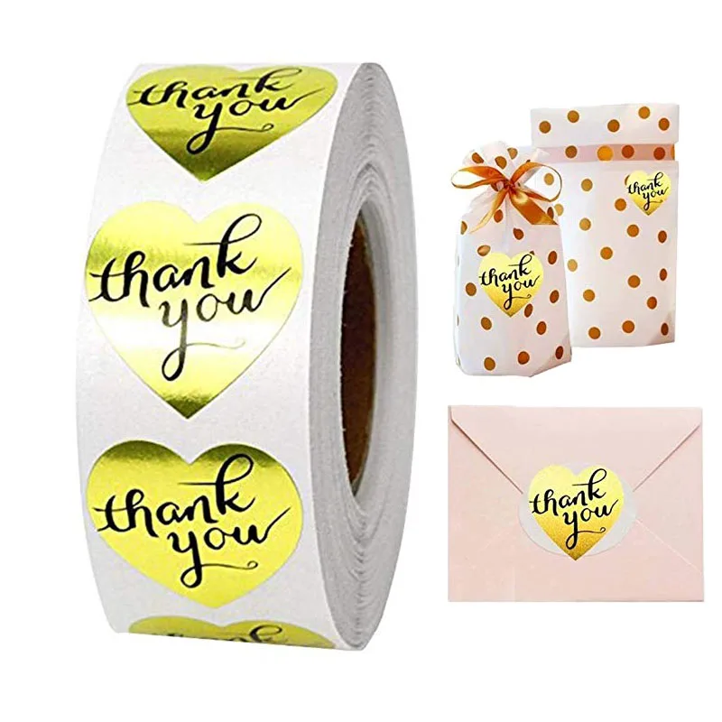 

Gold Heart shape thank you Stickers seal labels 1inch/roll 500 Labels stickers scrapbooking for Package stationery sticker