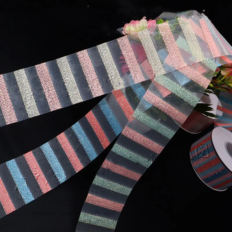 

Kewgarden Wholesale Rainbow Stripe Lace Snow Gauze Ribbons 38mm 1.5" Gold Sliver Line Handmade Tape DIY Bowknot Accessories 25Y