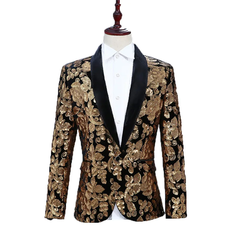 Блестящий Золотой с цветком, блестками и бархатный пиджак Для мужчин бренд шаль лацкан одна кнопка костюм куртка для вечерние Клубные ужин, на свадьбу, на выпускной, этап 2XL