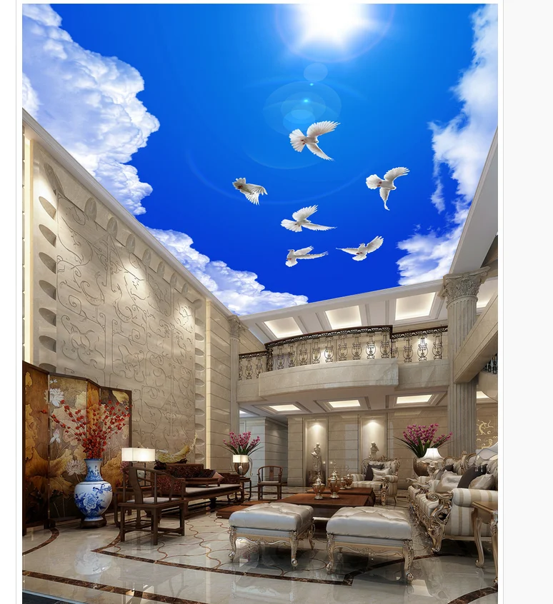 Custom photo wallpaper Zenith ceiling Sunny blue sky ceiling murals pigeons 3d mural wallpaper