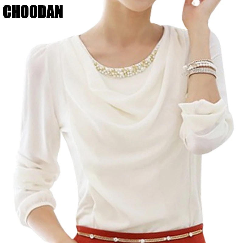 

Elegant Pearl Beading Blouse Shirt Chiffon Blouse Long Sleeve 2018 Spring Autumn Fitness Women Tops Plus Size Female Clothes 6xl