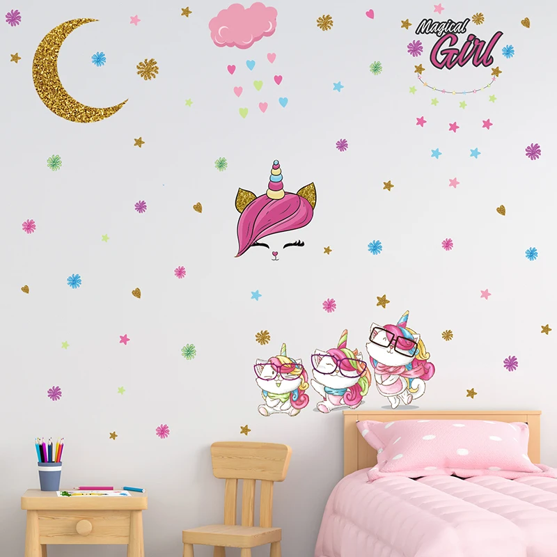 

2pcs/lot Cartoon Cat Caticorn Unicorn Wall Stickers Star Cloud Moon Wall Decals For Kids Room Children DIY Wallpaper Home Decor