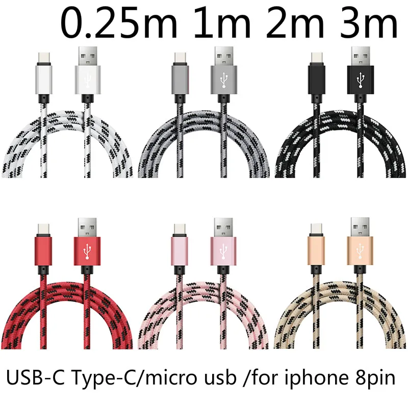 

300pcs/lot 0.25m 1m 2m 3m USB Type C Type-C Cable/micro usb/8pin Fast Charging drouble Data Sync USB C Cable for iphone Samsung