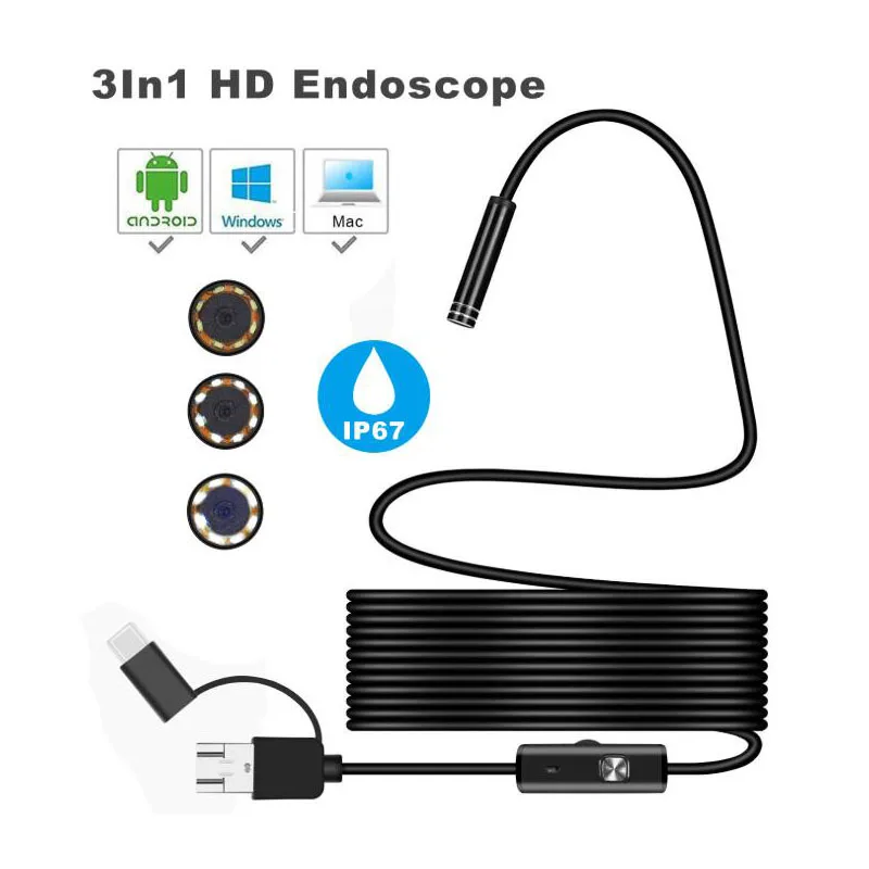 Эндоскопическая камера 5,5 мм 3 в 1 USB мини-камера IP67 Водонепроницаемый 6 светодиодный жесткий эндоскоп камера для Windows Macbook PC Android