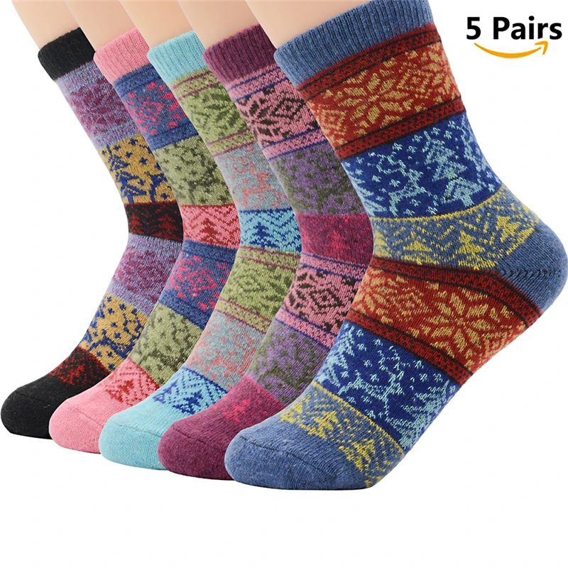 AZUE 5 пар плотные теплые носки для зимы вязаные кашемировые шерстяные носки Снежинка ботинок носки для мужчин/женщин