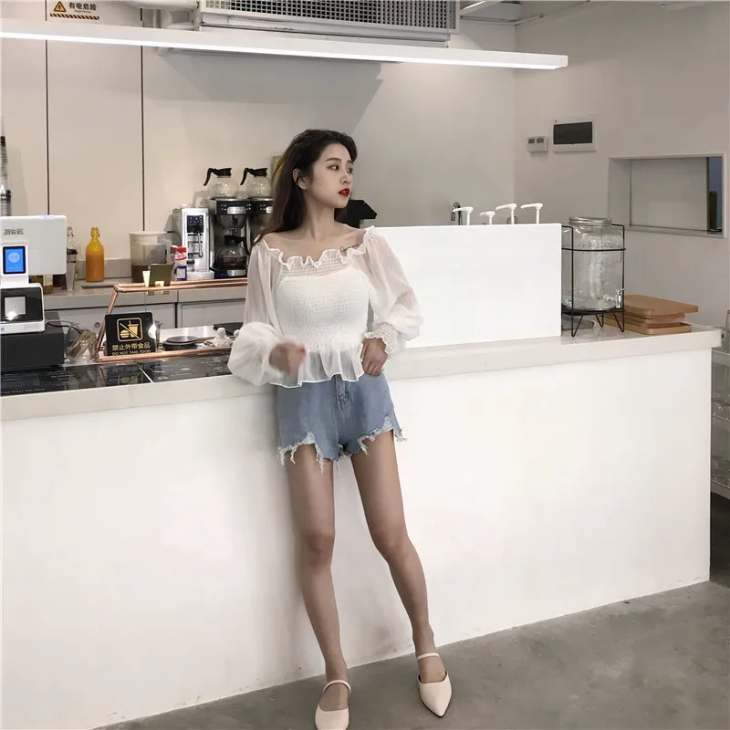 Shirts Women Slash Neck Lace Full Short Simple Elegant Ladies Korean Style Shirt Womens Slim Soft Chiffon Lantern Sleeve Shirt