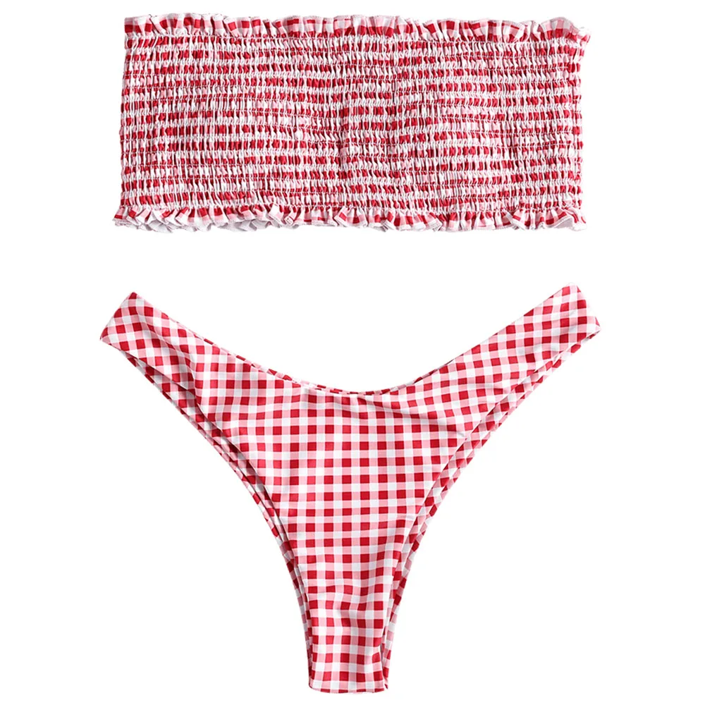 ZAFUL без бретелек клетчатые купальники бикини Smocked бандо бикини сексуальный купальник бикини со стрингами женский купальник Biquini Femme - Цвет: Red Bikini