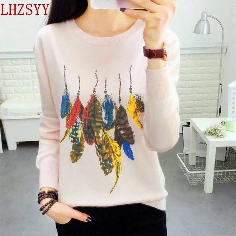 

LHZSYY Autumn winter New O-collar CashmereSweater fashion soft women Short section Sweaters pullover feather design high quality