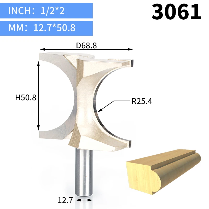 HUHAO 1pcs 1/2" Shank Half Round bit 2 flute endmill Router Bits for wood without bearing Woodworking Tool milling cutter - Длина режущей кромки: 3061