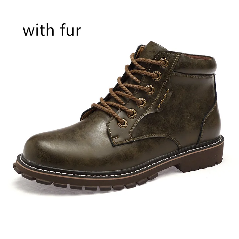 Брендовые мужские ботинки; зимняя обувь из натуральной кожи; мужские Ботильоны; мужская обувь на шнуровке; дизайнерские модные ботинки; мужская повседневная обувь - Цвет: dark Brown with fur