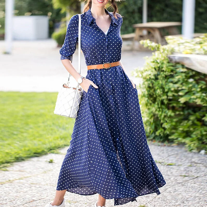 

Naiveroo Spring Summer Dot Long Dress Women Casual Turn Down Collar Long Slevee Dresses Button Split Hem Female Shirt Vestidos