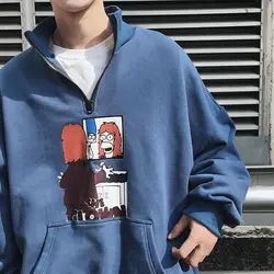 Корейская осень 2018 Мужская мода мультфильм печати узор молния стоять воротник пуловеры Свободные повседневные толстовки M-XL