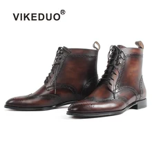 VIKEDUO патиной на заказ, ручной работы, из натуральной Ботильоны из телячьей кожи для Для мужчин на шнуровке коричневый заостренный носок башмак плоские Blake сапоги Для мужчин