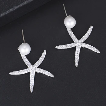 

GODKI Luxury Starfish Cubic Zirconia Bridal Wedding Long Drop Imitation Pearl Earrings For Women boucle d'oreille femme 2018