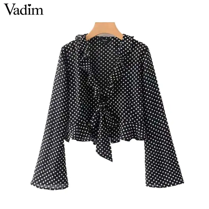 

Vadim women polka dot ruffled crop top V neck bow tie flare sleeve short blouse see through retro female tops blusas LA846