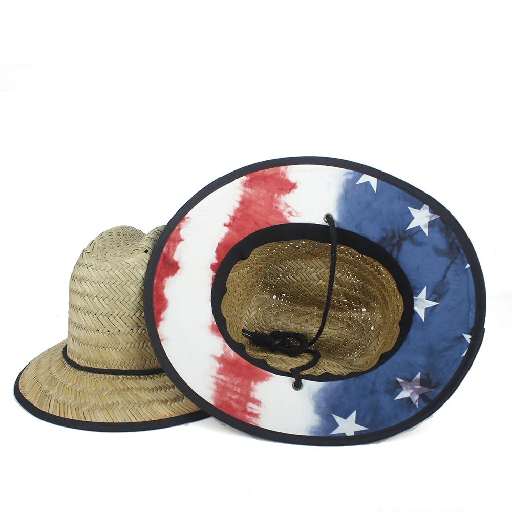 Соломенная шляпа спасателя для женщин и мужчин, летняя, ручная работа, плетеная, джазовая пляжная шляпа от солнца, уличная, Бамбуковая Шляпа, Панама, шляпа, размер 58 см - Цвет: Straw USA Flag