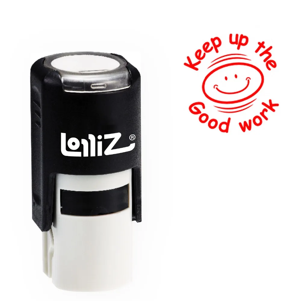 

LolliZ Round Self-Inking Stamp, "Keep up the Good work" Text W/ Smiling Boy Image, Teacher Stamp W/Lid, RED