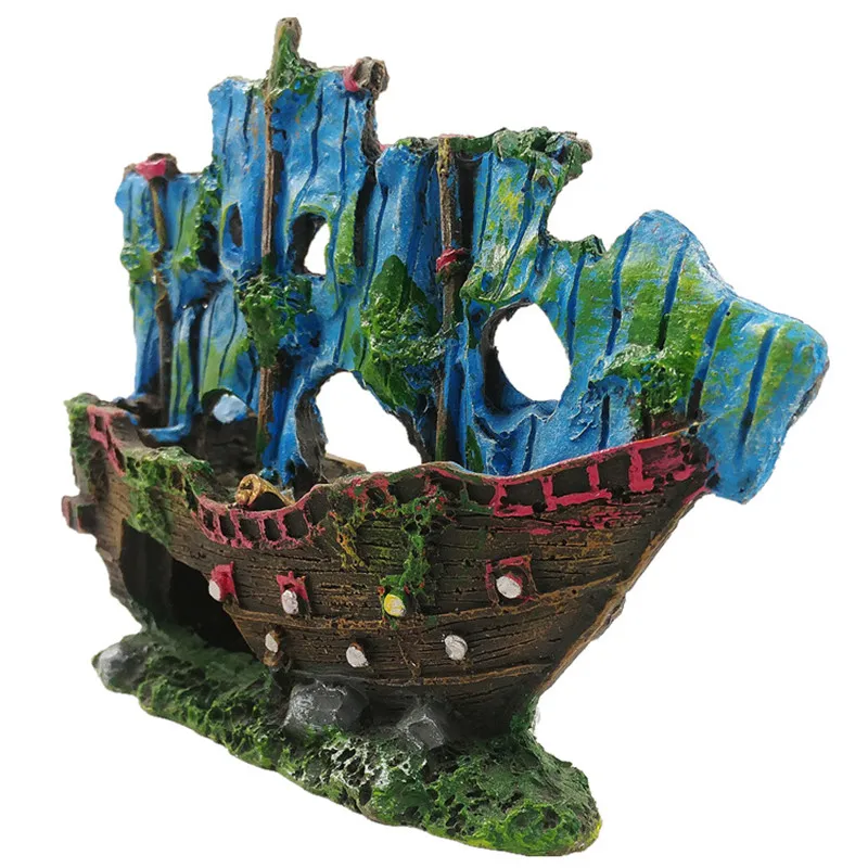 New Resin Aquarium Sunk Boat Decoration Artificial Aquarium Damaged Ship Ornament Fish Tank Cave