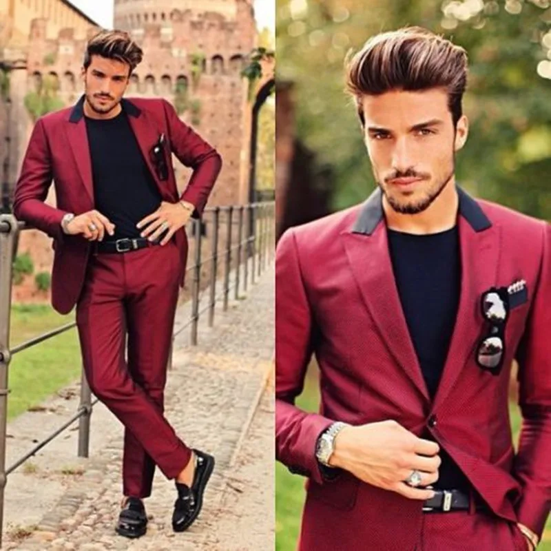 Wine Red Peaked Lapel Men Suits Latest Coat Pant Designs Custom Made
