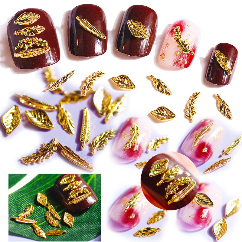 LEAMX 10 PCS/bag Leaf Nails Art Decoration 3D Nail Charms Gold Alloy Jewelry For Manicure Decor Accessories Nail Stickers L390