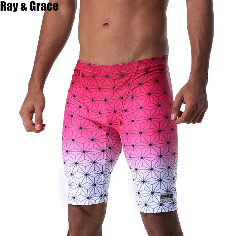

RAY GRACE Swimwear Men Swim Shorts Long Swimming Trunks Breathable Surfing Swimsuit Mens Bathing Sexy Slim Tight Shorts