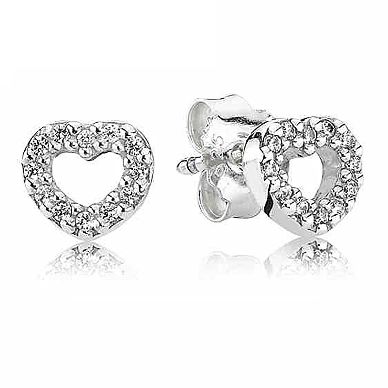 

Authentic 925 Sterling Silver Earring Open Heart Pave With Crystal Studs Earring For Women For Women Wedding Gift Fine Jewelry