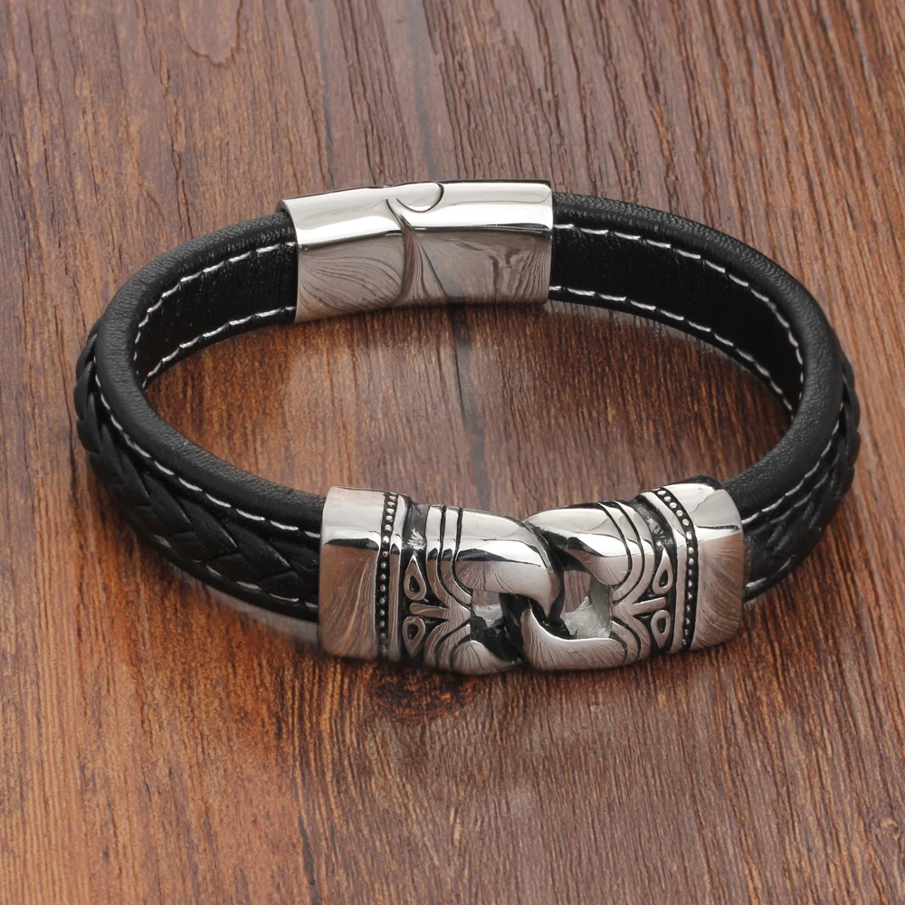 Модный кожаный браслет с цепочкой из нержавеющей стали, черные браслеты 220 мм, мужские винтажные плетеные украшения для мужчин(BA101882