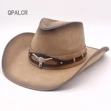 QPALCR новые брендовые кожаные Западные Ковбойские шляпы для мужчин и женщин, винтажные кепки с козырьком для путешествий и выступлений, ковбойская Кепка в стиле панк