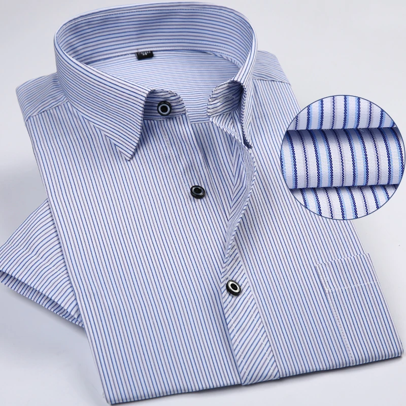 الصيف قصيرة الأكمام مخطط منتظم صالح غير الحديد الرعاية سهلة الأعمال الرجال قمصان لا تتلاشى لا يتقلص مع الصدر جيب