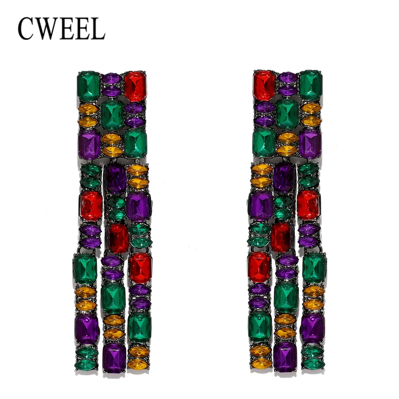 CWEEL Fashion Long Drop Earrings for Women Brincos Geometric Colorful Wedding Crystal Dangle Earrings Punk Style ZA Jewelry