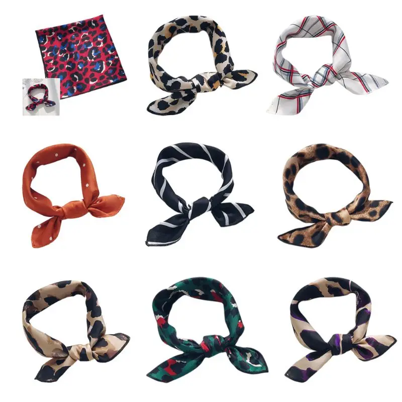 

50x50cm Women Retro Square Neck Headscarf Colorful Leopard Polka Dot Printed Bag Scarf Faux Silk Bandana Handkerchief Headband 9