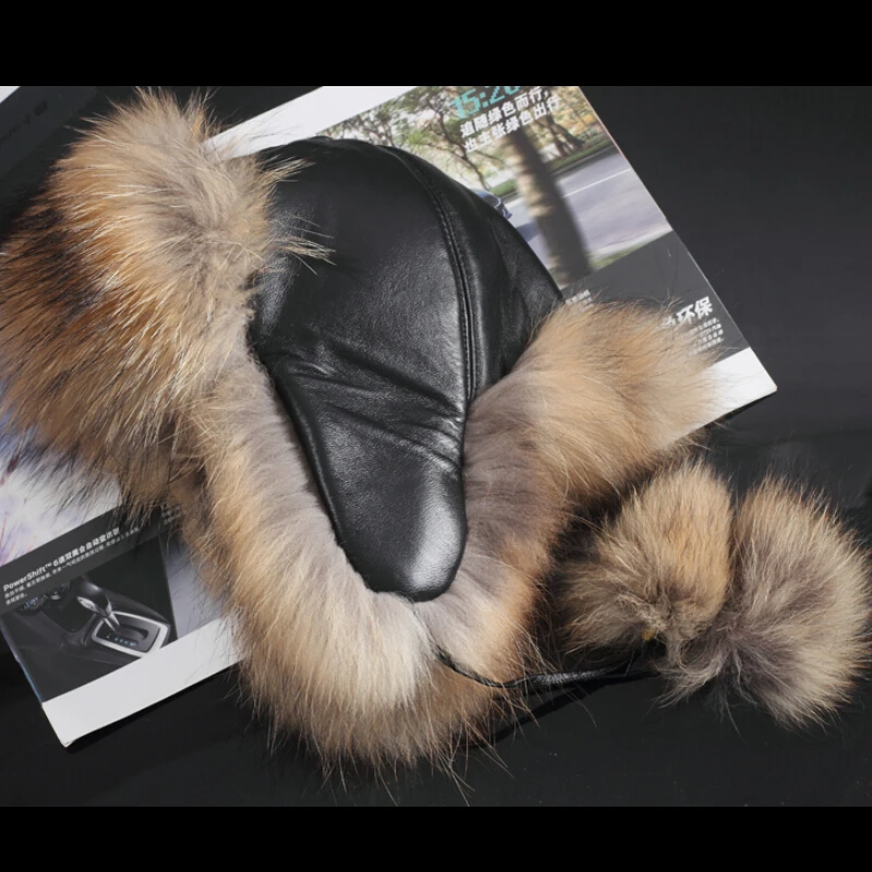 

FXFURS New Style Women's Raccoon Fur Hats with Leather Tops Ear Flaps Bomber Hats Russian Ushanka outdoor Leifeng Fox Fur Caps