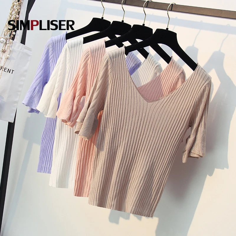 

Deep V-neck Sexy Sweaters For Women Summer Ice Cool Rayon Knitted Tops Flare Sleeve Thin Pullovers Femme Womens Knitwear 2019