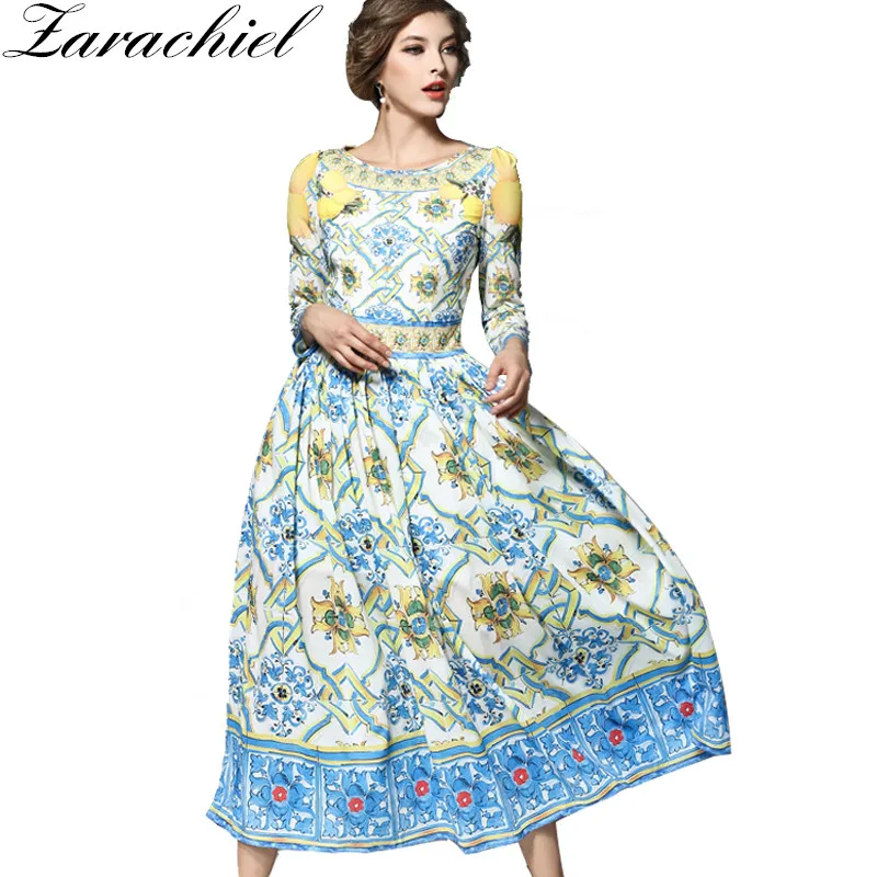

New 2018 Spring Women Runway Long Dress Vintage Yellow and Blue Print Long Puff Sleeve Boho Casual Pleated Maxi Dress Vestidos