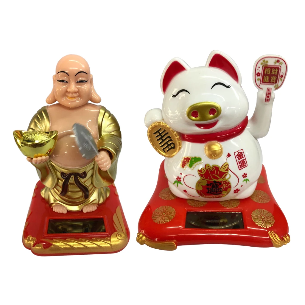 Solar Powered Buddha &Waving Lucky Pig with Swinging Arm for Car Dashboard/ Shop Store Desktop Decor