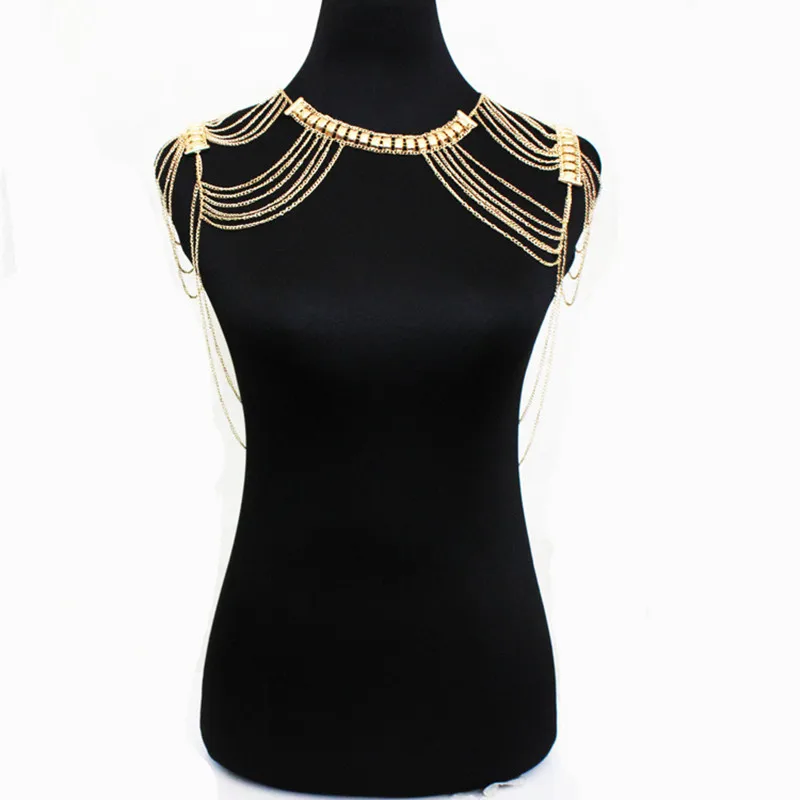 

Exaggerated Multi Layer Chain Tassel Harness Necklace Halter Women Sexy Wedding Bridal Big Shoulder Body Jewelry Dropshipping