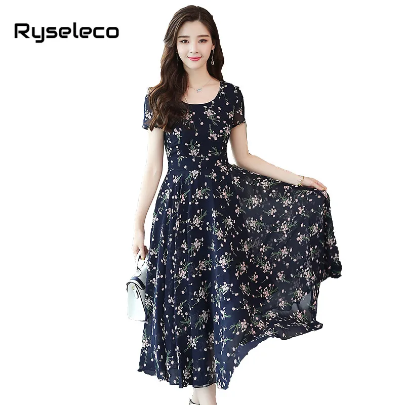 

Women Boho 2018 Beach O-Neck Casual Long Dresses Slim Elegant Plus size Flower Prints Chiffon Big Swing Beach Maxi Vestidos XXXL