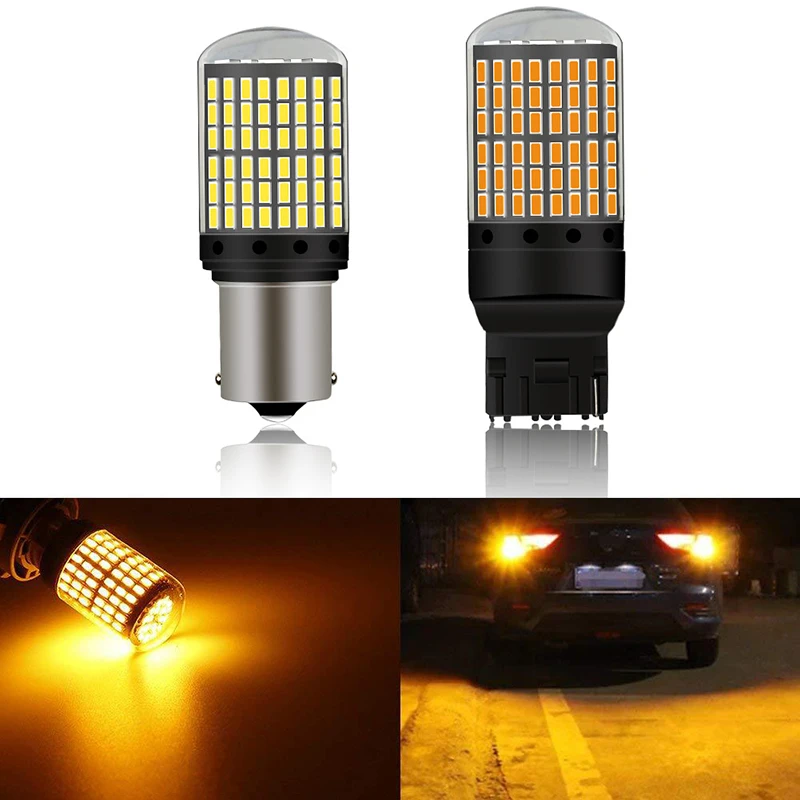2pcs No Hyper Flash PY21W BAU15S 1156 BA15S T20 7440 W21W Canbus 144 SMD 3014 chip Turn Signal Lights Brake lamp Amber White  (1)