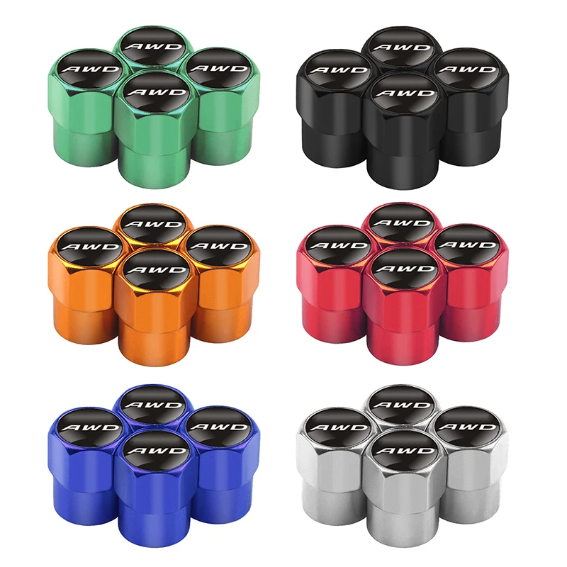 

Car styling 4Pcs Wheel Tires Valves Tyre Stem Air valve Caps Emblem Badge 3D Metal AWD Reflective All Wheel Drive Accessories
