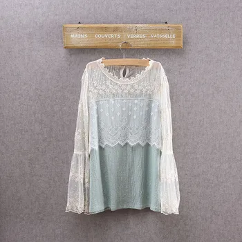 

Harajuku Hippie Boho Sweet Lace Patchwork Cotton Linen Crochet Lolita Tunique Chemise Femme Women Ruffle Blouse Flare Lace Tops