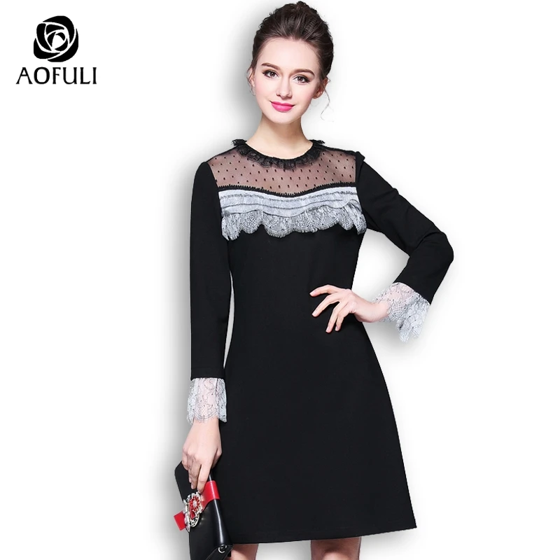 

AOFULI L- XXXL 4XL 5XL Ruffled Lace Patchwork Women Short Dress Brand Plus Size Black Casual Dress Long Sleeve Knee-length 9025