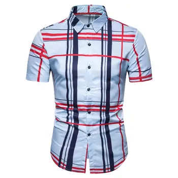 

Plaid Social Shirt Mens Clothing Short sleeve Slim fit Men's dress Shirts Blouse Men Striped beach style New Summer