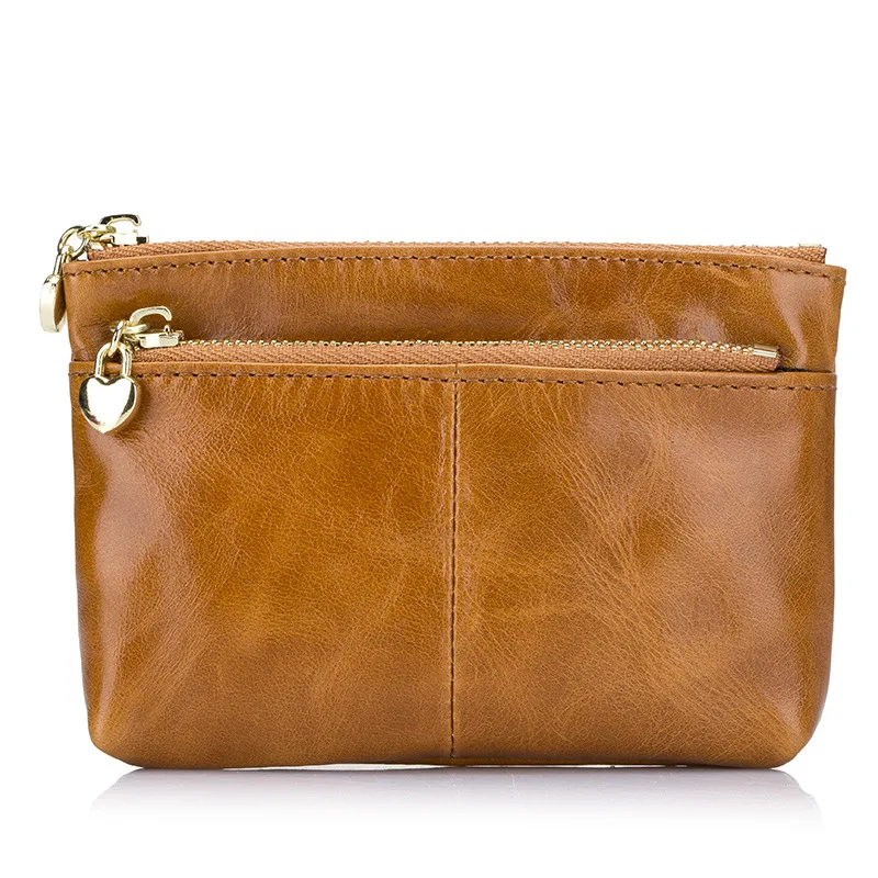 High Quality Cowhide Unisex Mini Wallet Oil Wax Leather Double Zippers