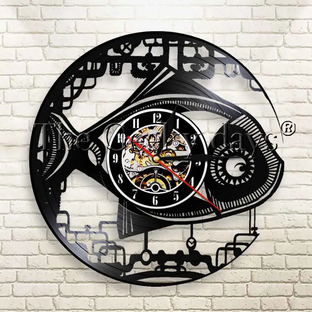 1Piece Mechanical Fish Vinyl Record Wall Clock Modern Design Gear Fish