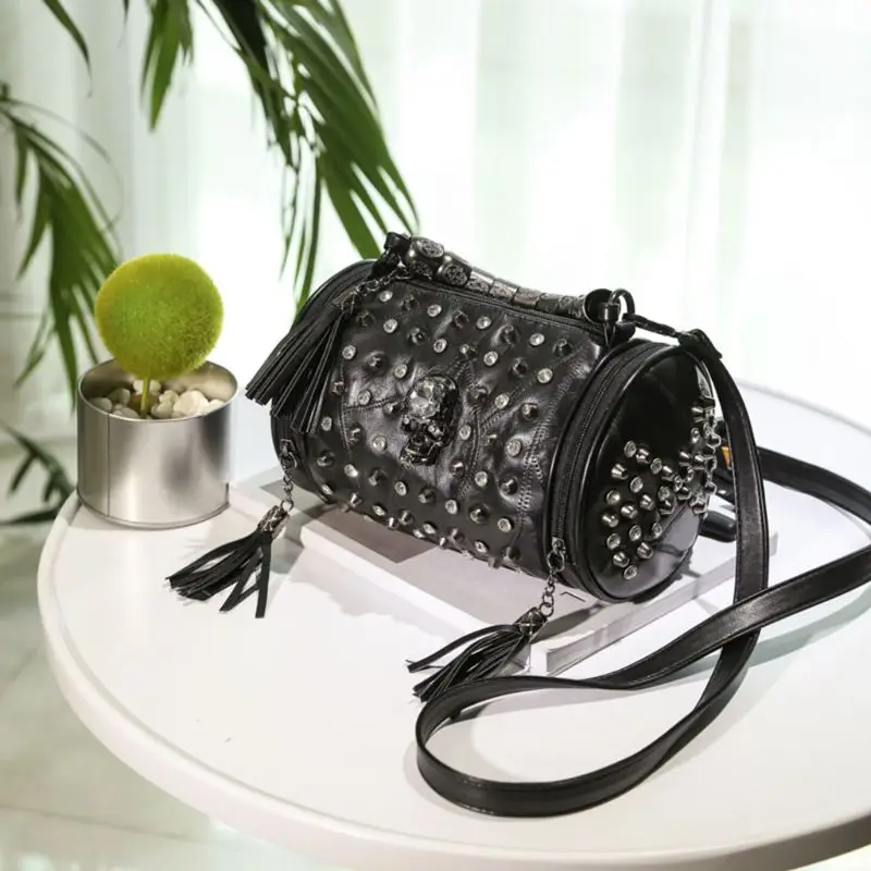 Women Tassels Shoulder Bag Hob-Nail Messenger Travel Bag Punk Crossbody Handbag Skull Decor For Party Dating Commuting