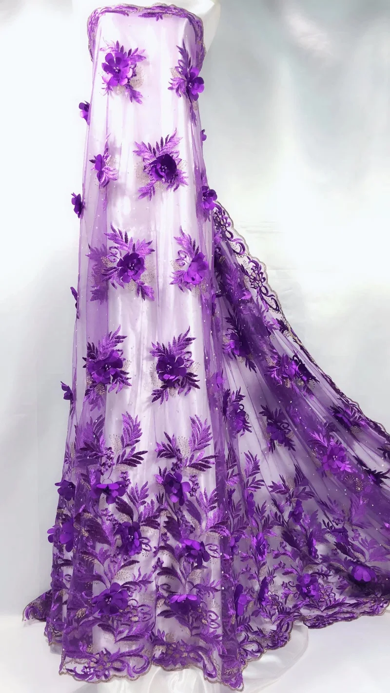 

Free shipping (5yards/pc) high quality purple Africa 3d flowers appliqued French net lace fabric with beads for party FL3944