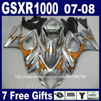 

Free customize ABS fairing kit for SUZUKI K7 07 08 GSXR1000 orange flames in silver fairings set GSXR 1000 2007 2008 CB82N