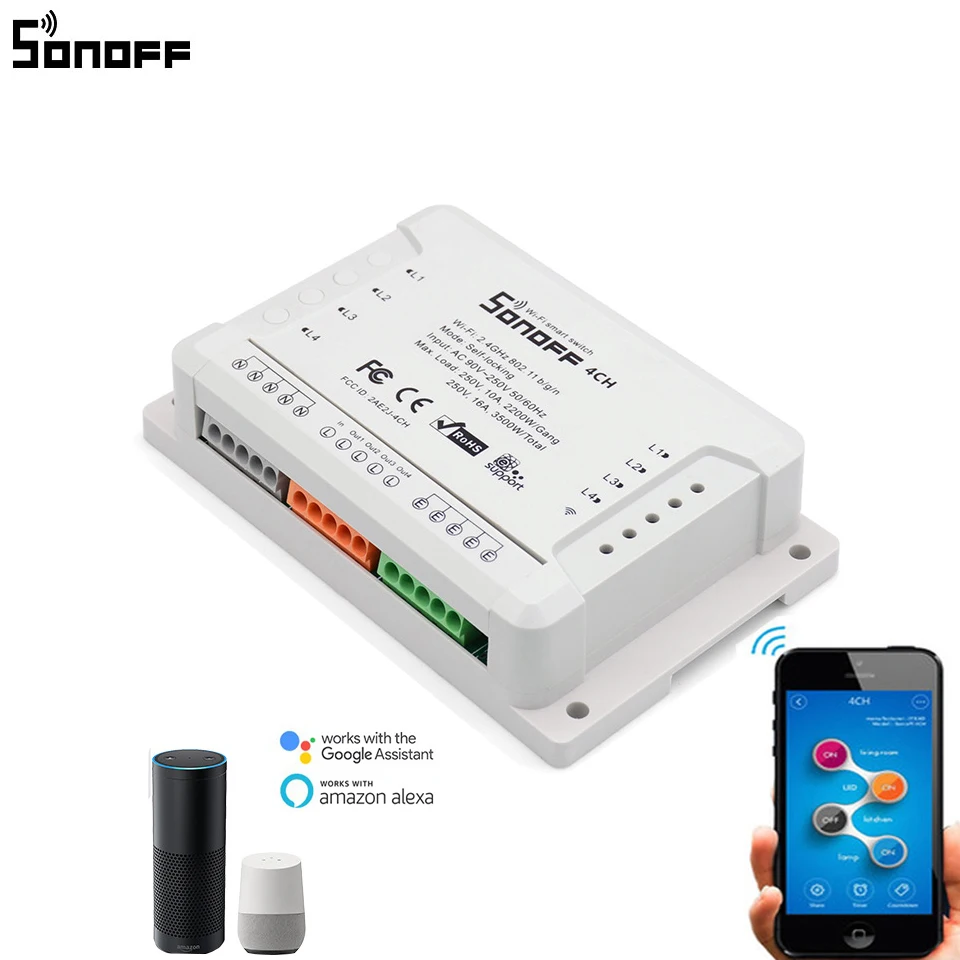 Sonoff 4CH R2 4Gang Wifi переключатель светильник дистанционного управления реле 10А/2200 Вт