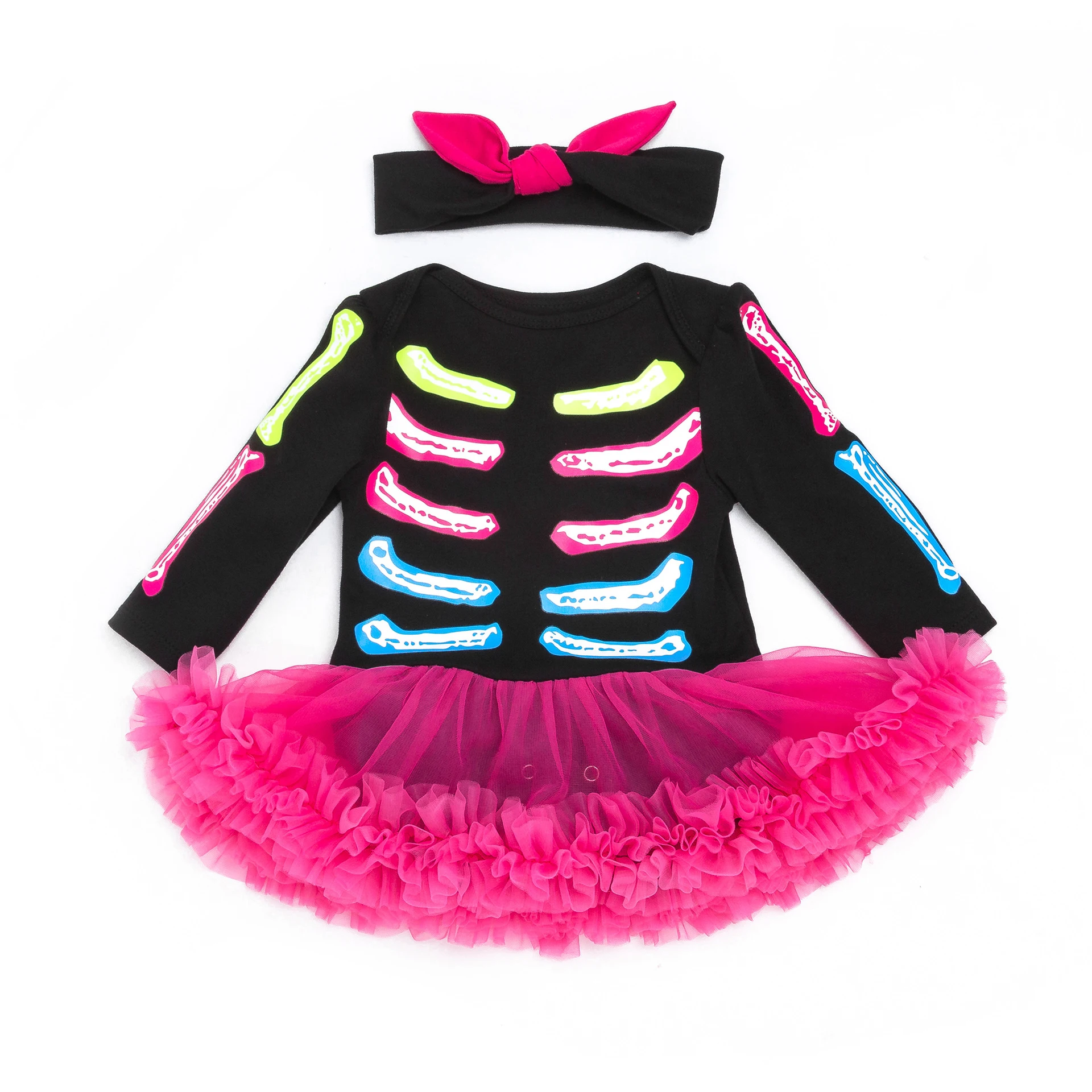 

Baby Girls bodysuits Halloween Colorful Bones with Tutu Dress and Headband